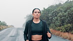 Woman, running and exercise outdoor with breathing for wellness, cardio and endurance with focus in nature. Fitness, sports and training for race with health, fresh air and athlete for workout