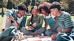 Park, relax and group of students with smartphone for social media, online blog or campus update. Friends, diversity and university with digital technology for networking, comedy post or funny meme