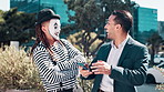 Businessman, smartphone and mime in city with laugh for funny joke, comedy and sneaky surprise. Male people, lawyer and typing on technology with smile for comic, fun and happiness in New York
