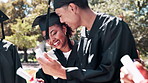 Happy woman, students and graduation with hug in celebration for support, education or qualification. Group of people or graduates with smile for certificate, diploma or degree at outdoor ceremony