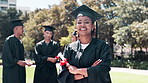 Happy woman, student and graduation with confidence in nature for certificate, education or qualification. Portrait of confident female person or graduate with smile for diploma or degree at park
