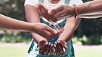 Clean, water and hands of people outdoor with support of community to share sustainable liquid together. Cleaning, washing and watering splash closeup on earth day with group in nature or environment