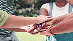 Students, hands and stack for outdoor study, motivation and solidarity or agreement on campus. People, teamwork and support in project for university, huddle and closeup of fingers for collaboration