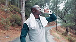 Black man, drinking water and fitness outdoor for health, hydration and wellness with athlete for sports. Bottle, liquid and mineral beverage for thirst, exercise break or workout with run for cardio