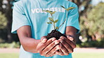 Plant, care and hands of person outdoor to support and volunteer to grow garden in community. Sustainable, gardening and leaves in soil on earth day with charity to help in agriculture closeup