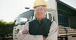 Smile, crossed arms and face of man truck driver for logistics with positive, good and confident attitude. Pride, happy and portrait of senior male ecommerce worker with glasses by cargo vehicle.