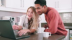 Laptop, search and couple relax in home with streaming, website or scroll with online shopping. Happy, people and review internet for ecommerce discount, sale or research store with social media