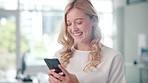 Woman, reading and phone with social media in office for funny post online or communication on email. Happy, worker and typing on internet with smartphone to relax at work on break or scroll website