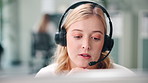 Call center, technical support and woman consultant in office talking for online ecommerce consultation. Discussion, headset and female customer service agent speaking for crm contact at workplace.