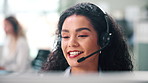Call center, telemarketing and woman consultant in office talking for online ecommerce consultation. Smile, technical support and female customer service agent speaking for crm contact at workplace.
