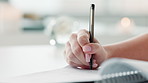 Pen, book and hands of woman writing notes in office for research on creative project. Ink, paper and closeup of female person working on schedule, agenda or appointment in diary at workplace.