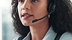 Call center, woman and closeup with headset in office for customer service, telemarketing or support. Consultant, microphone and technology with discussion for crm help, advisory or talking to client