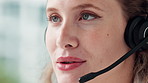 Telemarketing, woman and closeup with headset for consulting, customer service or support. German consultant, microphone and technology with conversation for crm help, ecommerce or client advisory