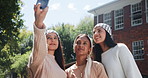 Selfie, smile and woman friends in park outdoor for summer fun, memory or bonding together. Phone, social media profile picture and group of happy young people in garden for mobile photograph