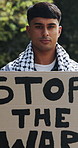 Portrait, protest and man with sign for war in Israel, conflict or stop crisis in Gaza for peace. Face, justice and person with poster at rally outdoor for change, human rights or serious for freedom