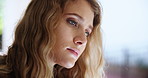 Woman, tired and sad in home thinking alone of memory or depressed of stress or overwhelmed, worry and anxiety. Female person, emotional and thoughts of broken heart, unhappy and mental health
