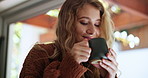 Calm, woman and relax with coffee to drink on holiday or vacation with peace and happiness. Espresso, latte and girl smile with mug of match, green tea or beverage on break in home or apartment