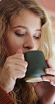 Calm, woman and relax with coffee to drink on holiday or vacation with peace and happiness. Espresso, latte and girl smile with mug of match, green tea or beverage on break in home or apartment