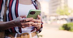Hands, phone and closeup with commute, walk and travel for urban street or campus. Student, smartphone and app for social media, communication and technology for text or internet message for network