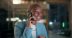 Night, business or black woman on a phone call laughing, networking or talking in office. Computer, mobile communication or happy African entrepreneur in conversation, discussion or negotiation offer