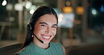 Call center, consultant and happy in office at night for customer support, communication and consultation. Woman, headset and technology with smile for telemarketing, help and client advisory