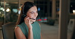 Call center, woman and smile at night for customer service, communication and digital support. Headset, consultant and technology in office for telemarketing, discussion and conversation with client