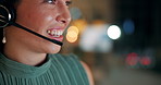 Night, mouth or virtual assistant in call center talking, consulting or networking online in telecom. Smile, woman or happy sales agent in communication, closeup or conversation at customer services