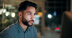 Man, night and coding at computer for information technology, programming and software upgrade with deadline. Programmer, tech support working late and update database for system with cybersecurity