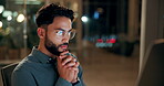 Man, face and working in night office with monitor, businessman answer emails or overtime for deadline. Hardworking, search or browse internet for online company, research or social media assistant