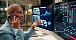 Computer screen, financial advisor and black woman on call with client for data analytics, trends or profit growth. Business, stock market or broker with technology for investment, trading or fintech