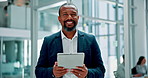 African businessman, face and tablet for online research in office and idea for solution on project. Black man, hr consultant and happy portrait with touchscreen for productivity and problem solving