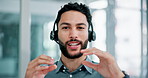 Man, face and headphones with mic for video call, seminar or conference with virtual meeting and hand gesture. Discussion, communication and portrait for corporate training online, elearning and tech