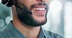 Mouth, mic and headphones at callcenter with man for customer service, phone call and CRM with smile. Communication, contact us and telecom with consultant talking, help desk and tech support closeup