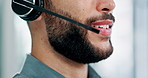 Mouth, microphone and headphones at callcenter with man for customer service, phone call and CRM with smile. Communication, contact us and telecom with agent talking, help and tech support closeup