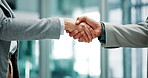 Business people, shaking hands and office for agreement, deal and corporate negotiation for contract on merger. Accounting, handshake and b2b for congratulations to partnership and welcome to team