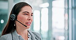 Woman, headset or call as help desk, problem or glitch in telemarketing, crm or communication. Female customer care agent, consultant or mic to support, fix or advice as solution to 404 in business