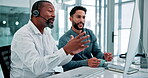 Man, coworkers and laptop with headset in office, teamwork and collaboration in call centre with mentor in conversation. Discussion, internet with online information, coaching and telemarketing