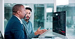 Coworker, men and pc with statistics in office for teamwork or collaboration with feedback and results. Diverse, colleagues and people with computer to analyze data and information for company growth