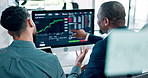 Business people, screen and stock market with men, charts and explain trading pattern with global trade. Back, brokers and teamwork with computer, graphs and help for financial advice and economy