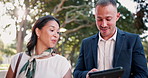 Business people, park and tablet with typing, walking and cooperation with internet or online reading. Collaboration, coworkers or manager with agent or tech with digital app or outdoor with teamwork