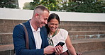 Business people, outdoor and smartphone with typing, teamwork and connection with internet and online reading. Cooperation, coworkers and manager with employee and cellphone with app and mobile user