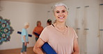 Fitness, yoga and portrait of senior woman in class for health, wellness and exercise with confidence. Smile, workout and happy face of female person in pilates studio for mobility, balance and body