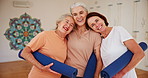 Fitness, yoga and portrait of mature friends in class for health, wellness and exercise with confidence. Smile, workout and happy group of senior women in pilates studio for support, care and body