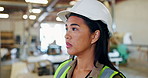 Asian woman, employee and worry at warehouse or factory with stress and nervous. Closeup, logistics and female person as worker for manufacturing or distribution business for supplies or material
