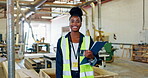 Portrait, engineer or woman with clipboard in warehouse for checklist, planning and maintenance in factory. Civil engineering, female person and smile with documents for automation inspection