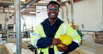 Construction, black man and happiness in warehouse for career in carpentry with wood for woodcraft or work. Male person, safety gear and materials or equipment for timber or lumber and woodworking.