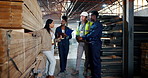 Distribution, teamwork and business people in discussion in warehouse for construction, building and maintenance. Supervisor, factory and men and women for logistics, infrastructure and manufacturing