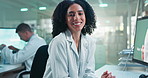 Scientist, woman and face or smile in laboratory with computer for cognitive study, medical research and test. Science, expert and technology or happy for healthcare report or knowledge investigation