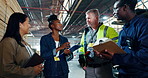 Distribution, planning and business people in discussion in warehouse for construction, building and maintenance. Supervisor, factory and men and women for logistics, infrastructure and manufacturing