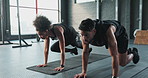 Fitness, mountain climber or people in gym training or exercising in body workout for core strength. Teamwork, mat or healthy sports athletes in exercise challenge for wellness, energy or endurance